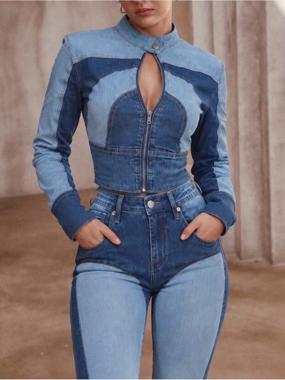 Fashion Nova Two-Tone Blue High Rise Patchwork Denim Set